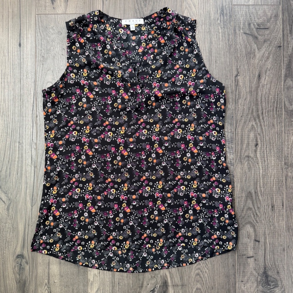 CHAUS Womens‎ Small Black Floral Sleeveless V Neck Top Blouse Shirt